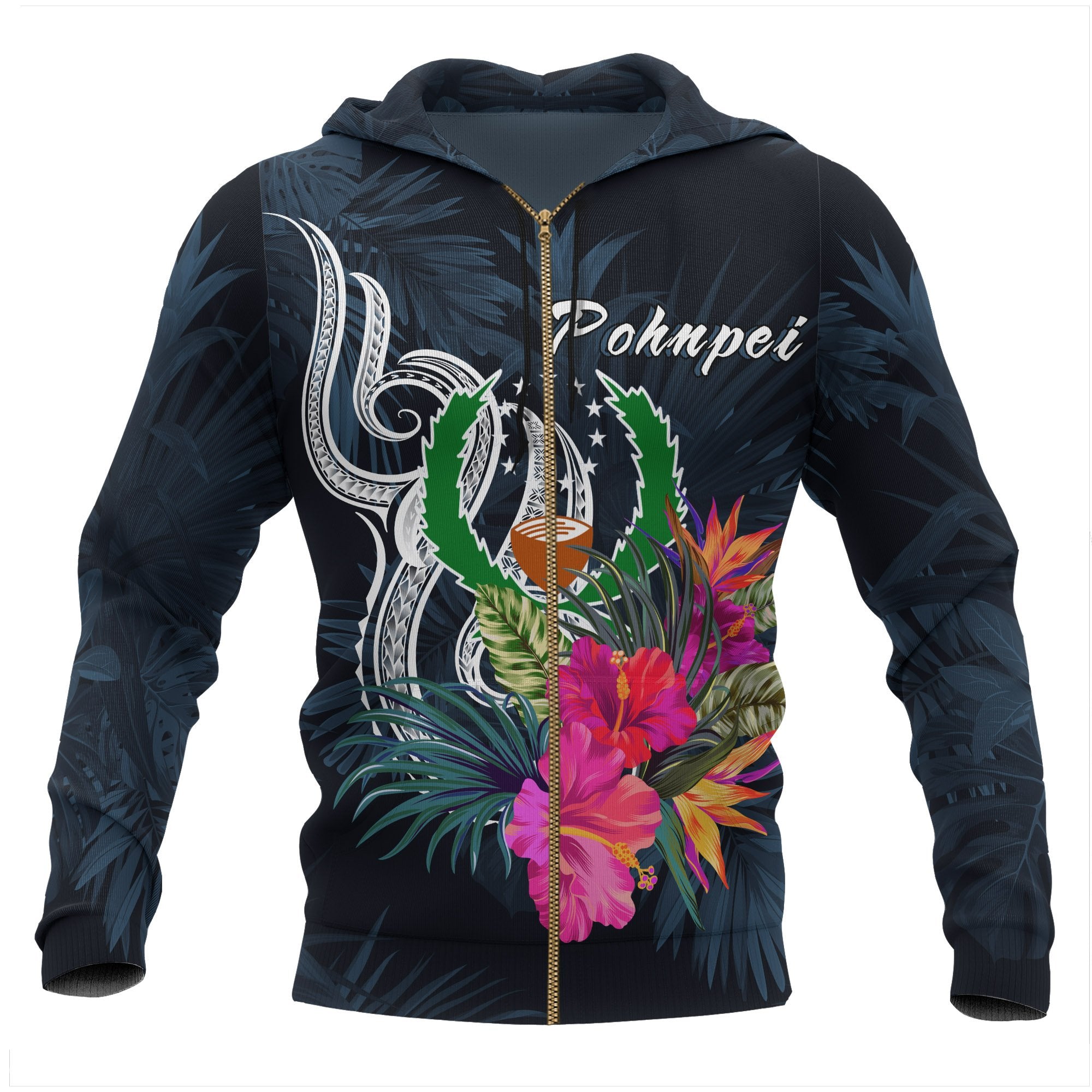 Pohnpei Miconesia Zip up Hoodie Tropical Flower Unisex Blue - Polynesian Pride