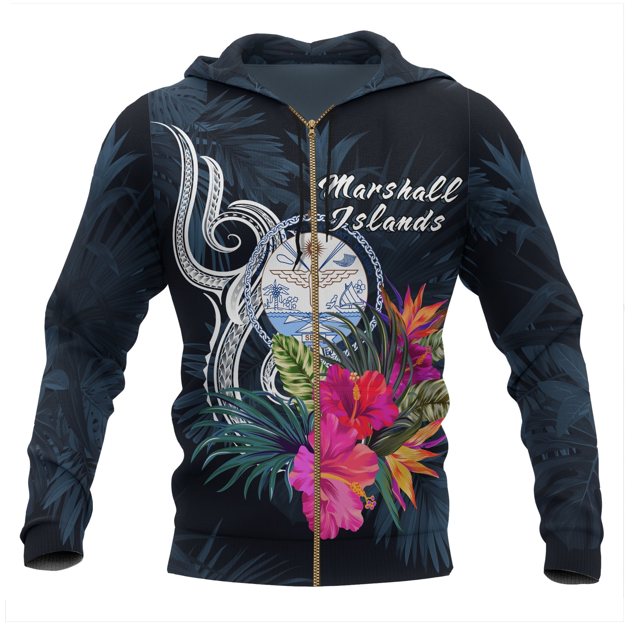 Marshall Islands Polynesian Zip up Hoodie Tropical Flower Unisex Blue - Polynesian Pride