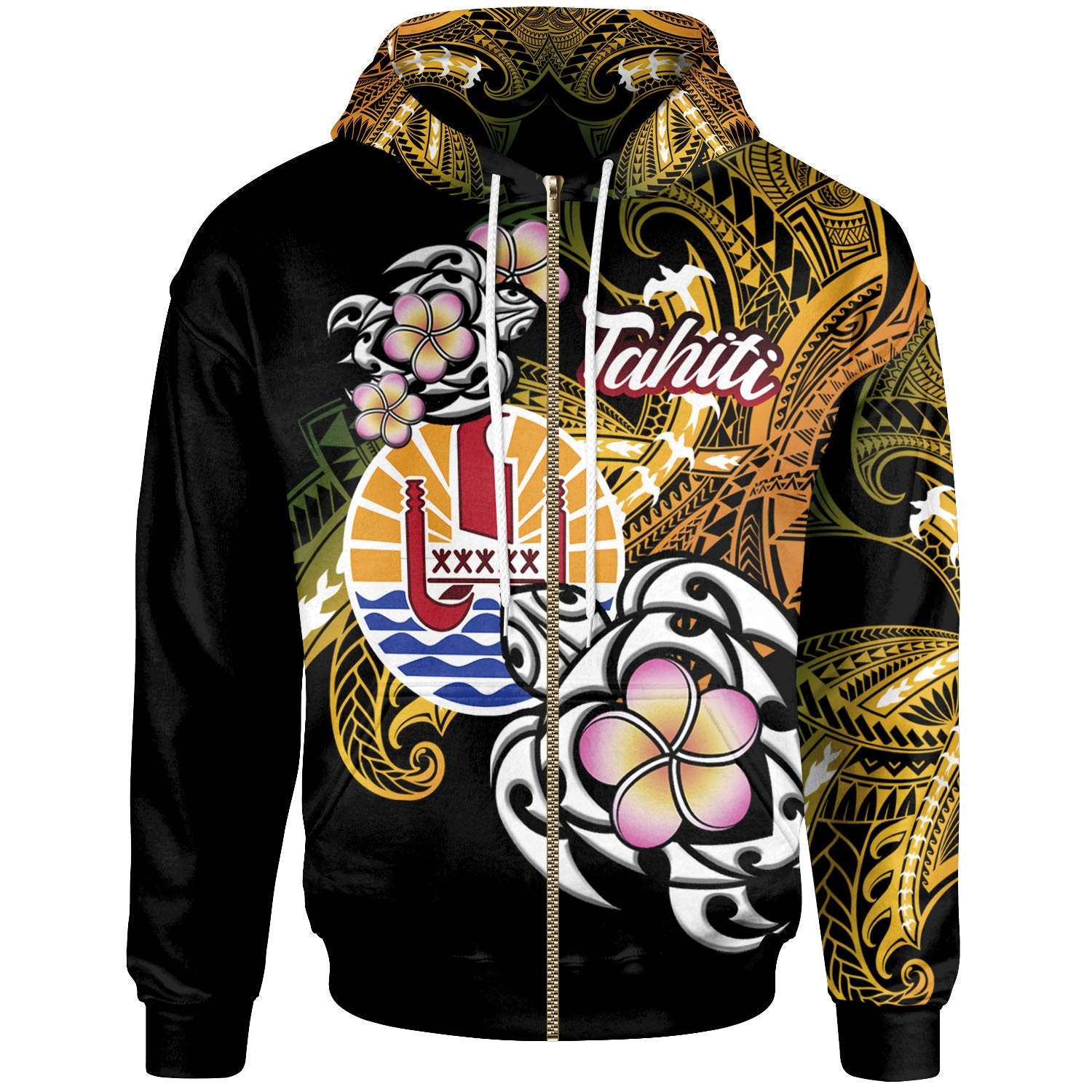 French Polynesia Tahiti Zip Hoodie Tahiti of Seal Turtle With Plumeria Unisex Black - Polynesian Pride