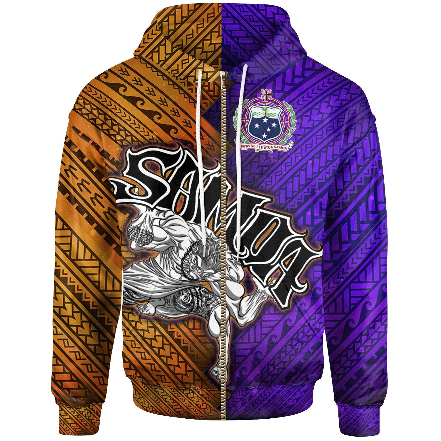 Samoa Zip Hoodie Warrior Style Polynesian Patterns Unisex Orange - Purple - Polynesian Pride