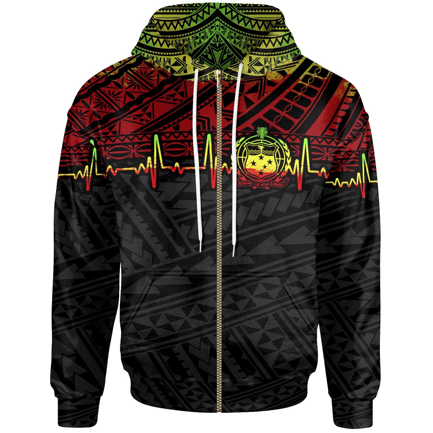 Samoa Zip Hoodie Heart Beat Polynesian Unisex Black - Polynesian Pride