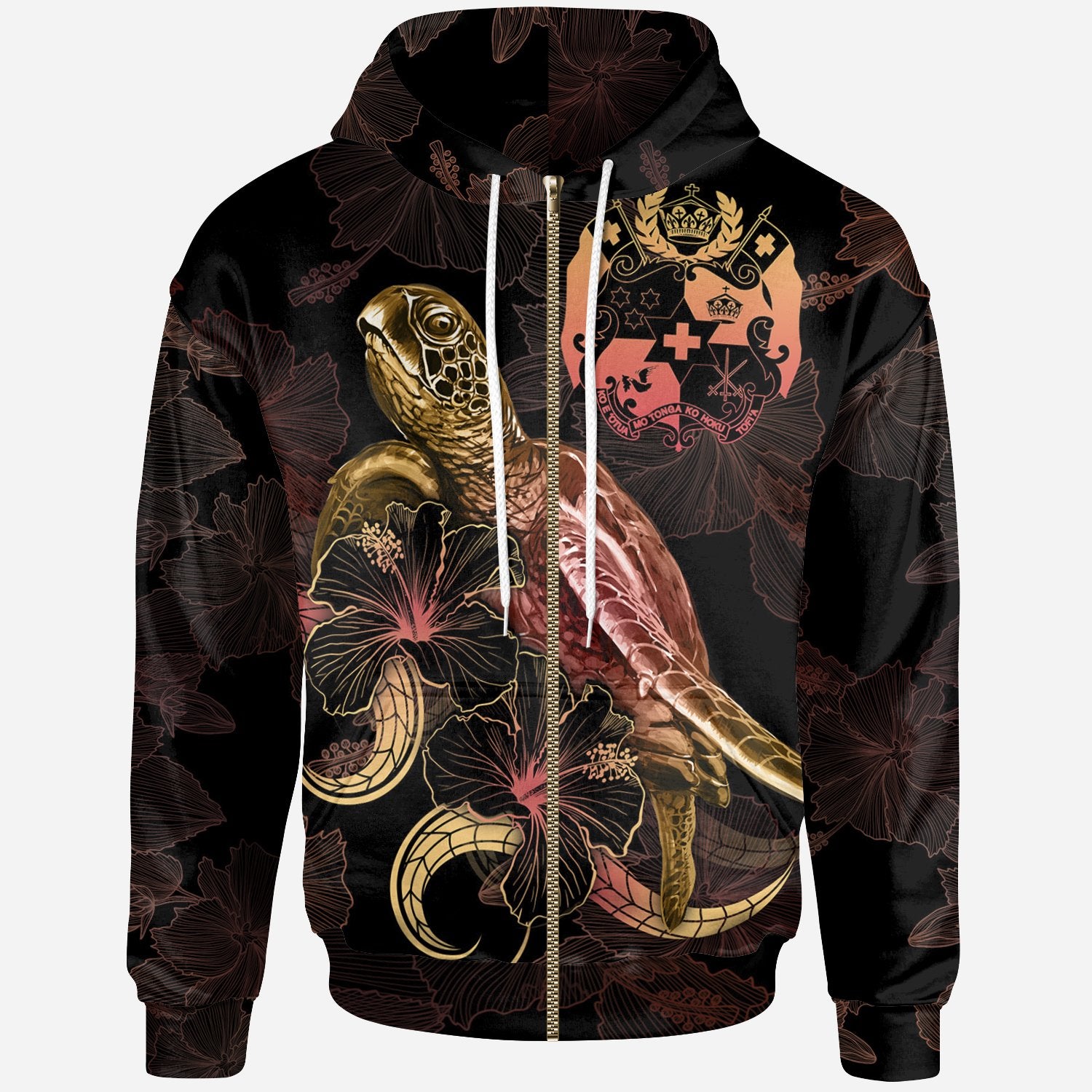 Tonga Polynesian Zip up Hoodie Turtle With Blooming Hibiscus Gold Unisex Gold - Polynesian Pride