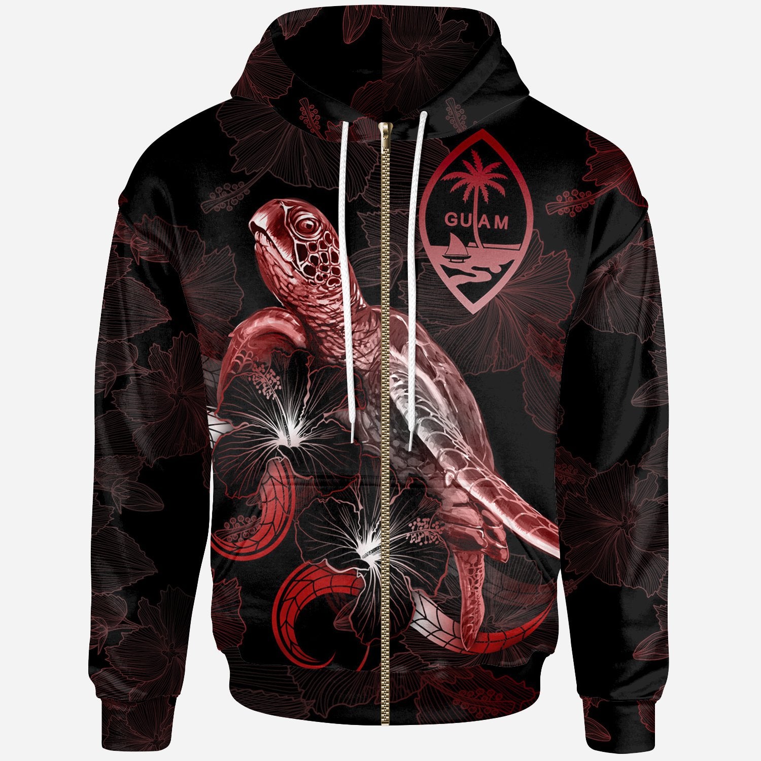 Guam Polynesian Zip up Hoodie Turtle With Blooming Hibiscus Red Unisex Red - Polynesian Pride