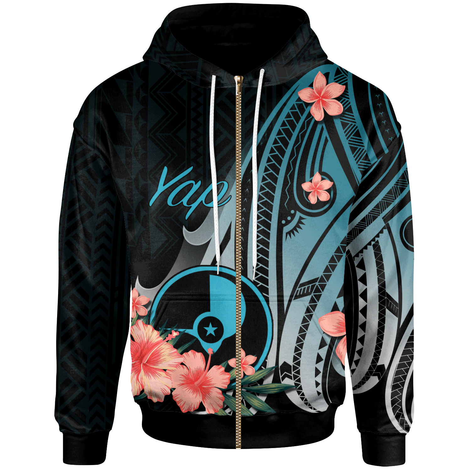 Yap Zip Hoodie Turquoise Polynesian Hibiscus Pattern Style Unisex Turquoise - Polynesian Pride