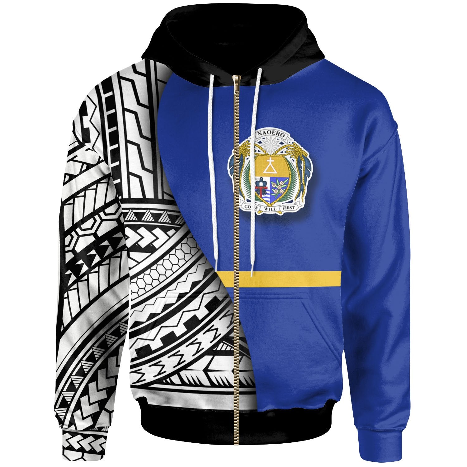 Nauru Zip up Hoodie Coat of Arm and Polynesian Patterns Unisex Blue - Polynesian Pride