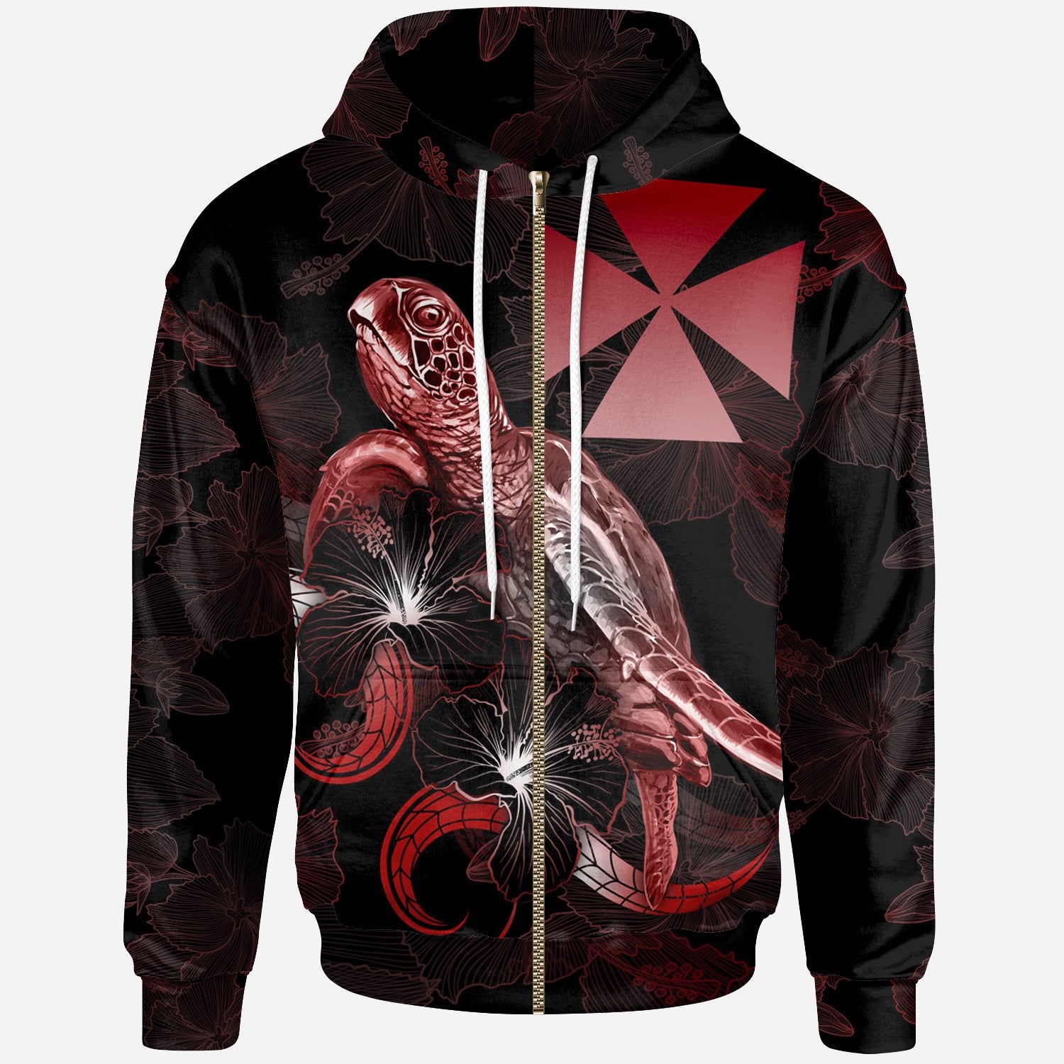 Wallis and Futuna Polynesian Zip up Hoodie Turtle With Blooming Hibiscus Red Unisex Red - Polynesian Pride