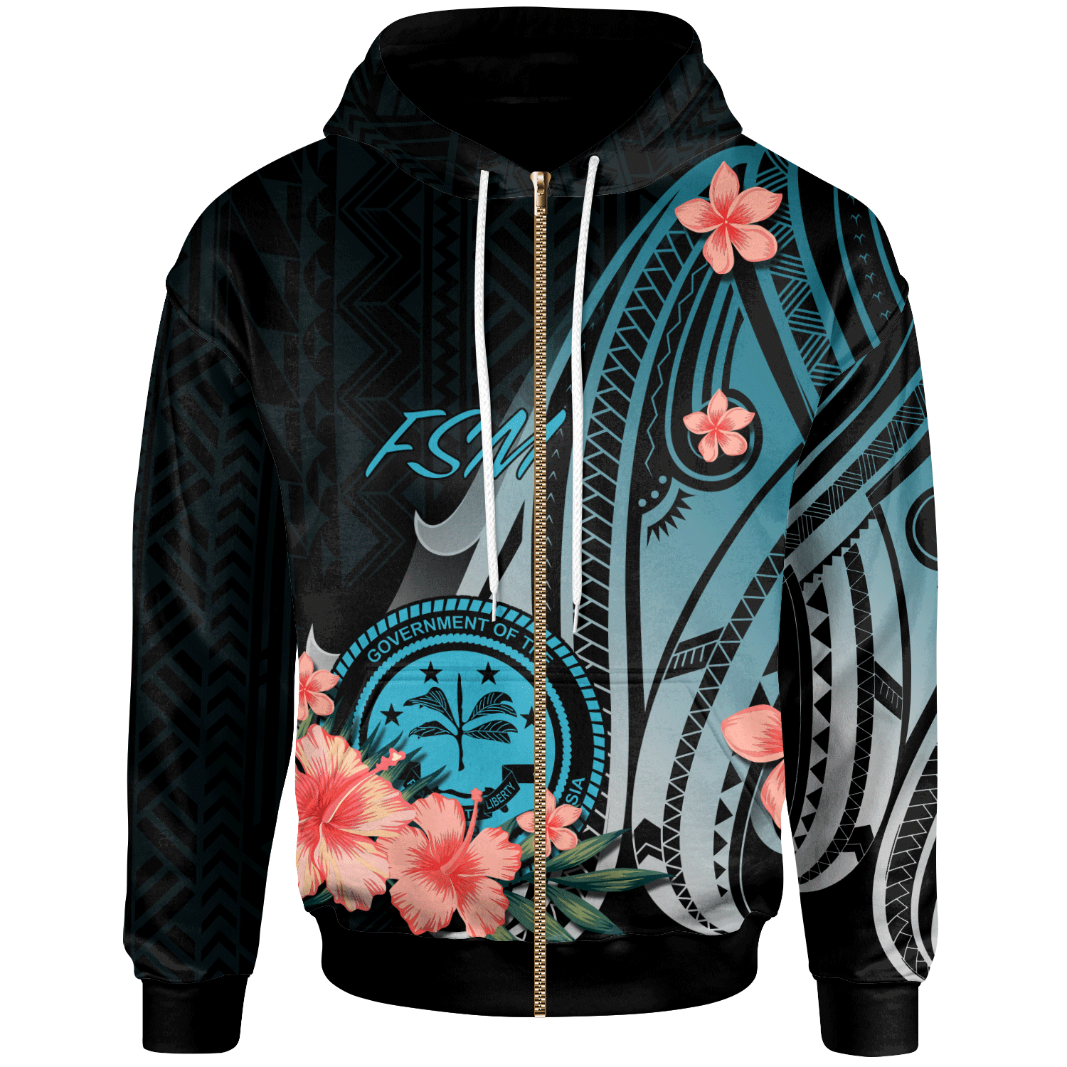 Federated States of Micronesia Zip Hoodie Turquoise Polynesian Hibiscus Pattern Style Unisex Turquoise - Polynesian Pride