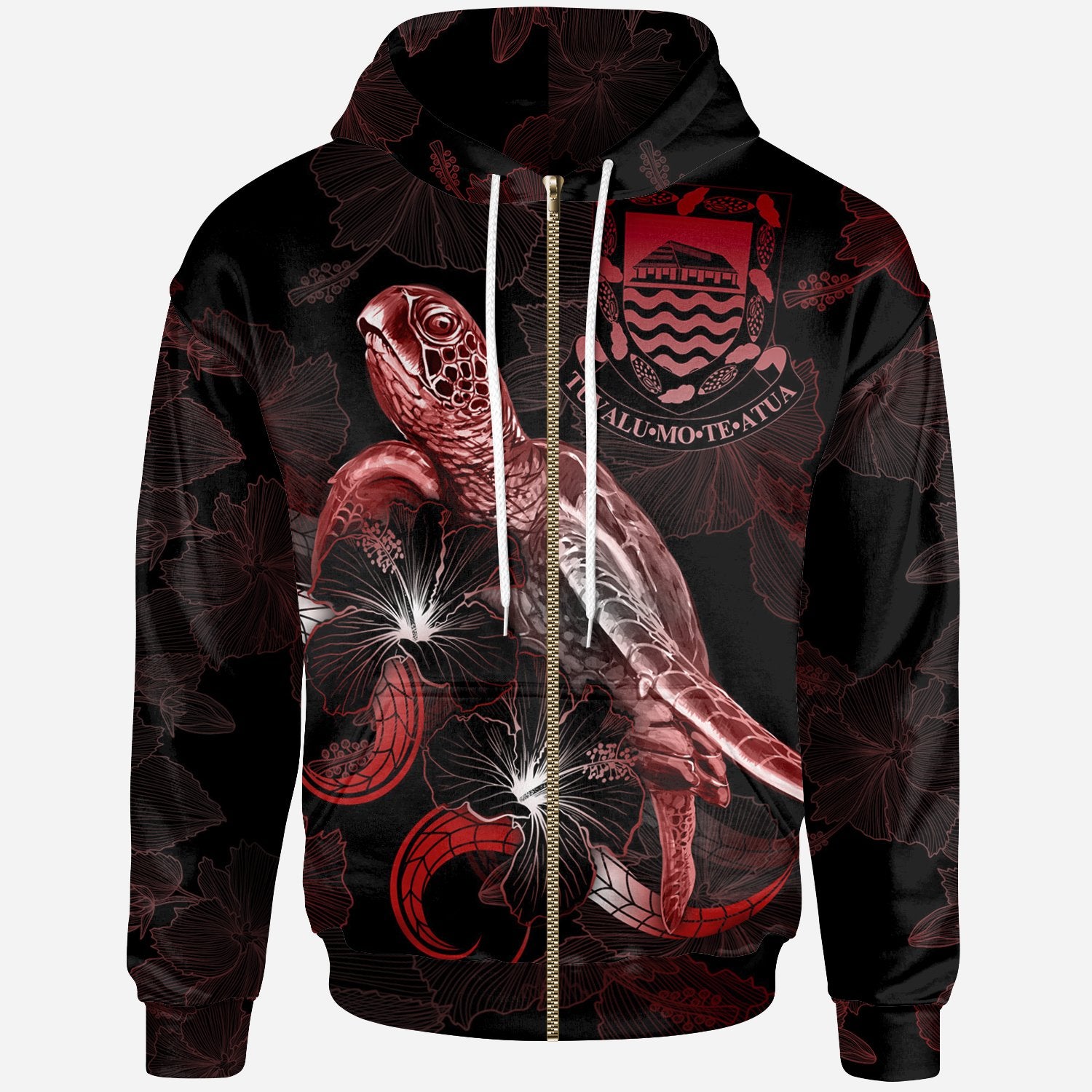 Tuvalu Polynesian Zip up Hoodie Turtle With Blooming Hibiscus Red Red - Polynesian Pride