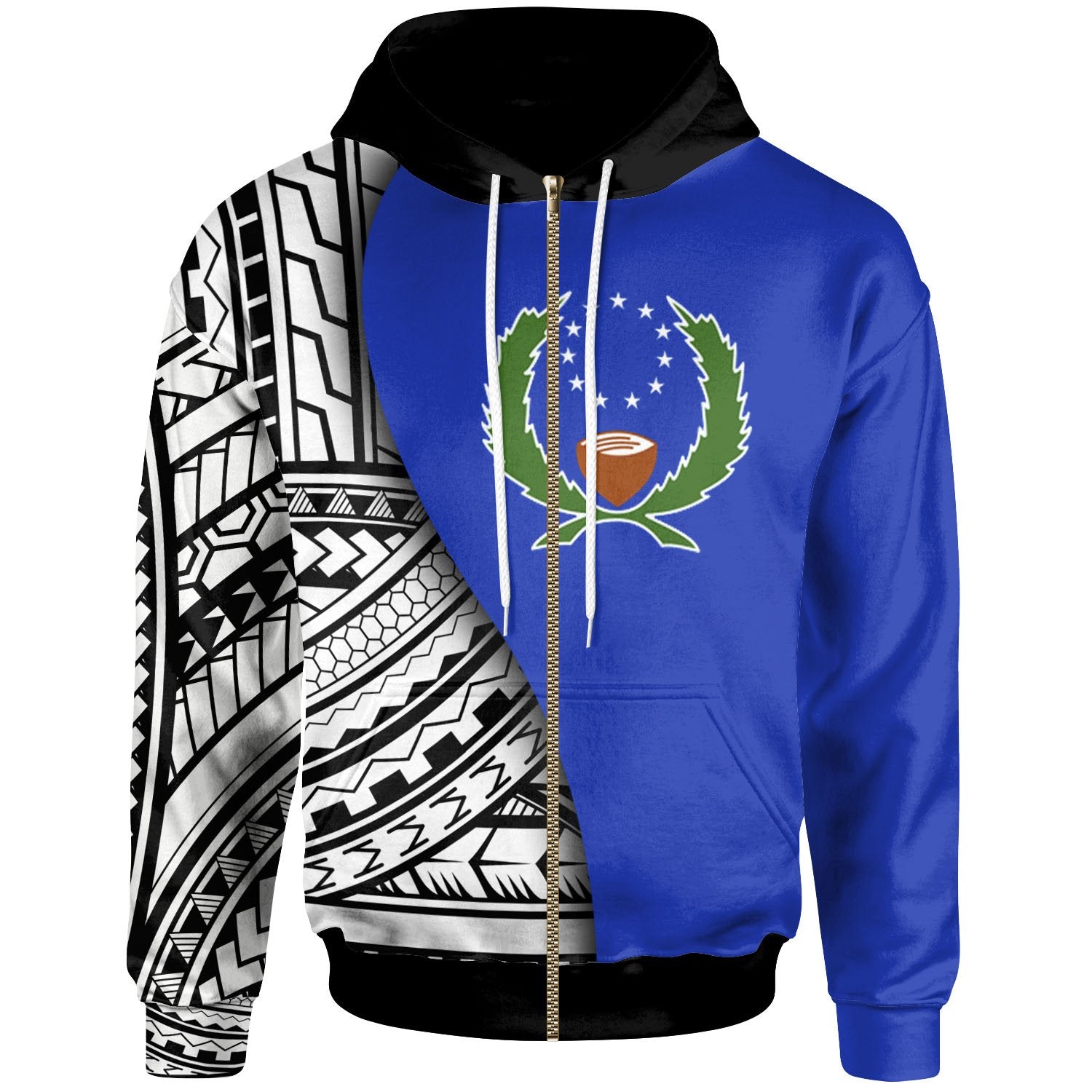 Pohnpei Zip up Hoodie Coat of Arm and Polynesian Patterns Unisex Blue - Polynesian Pride