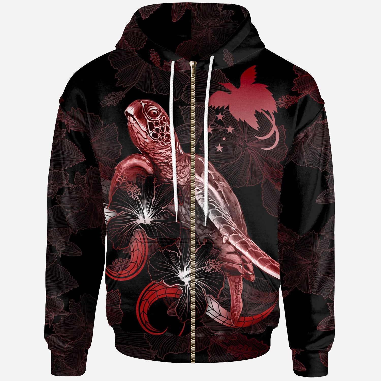 Papua New Guinea Polynesian Zip up Hoodie Turtle With Blooming Hibiscus Red Unisex Red - Polynesian Pride