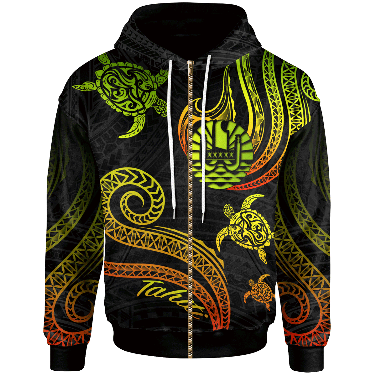 Tahiti Zip Hoodie Polynesian Turtle With Pattern Reggae Unisex Reggae - Polynesian Pride