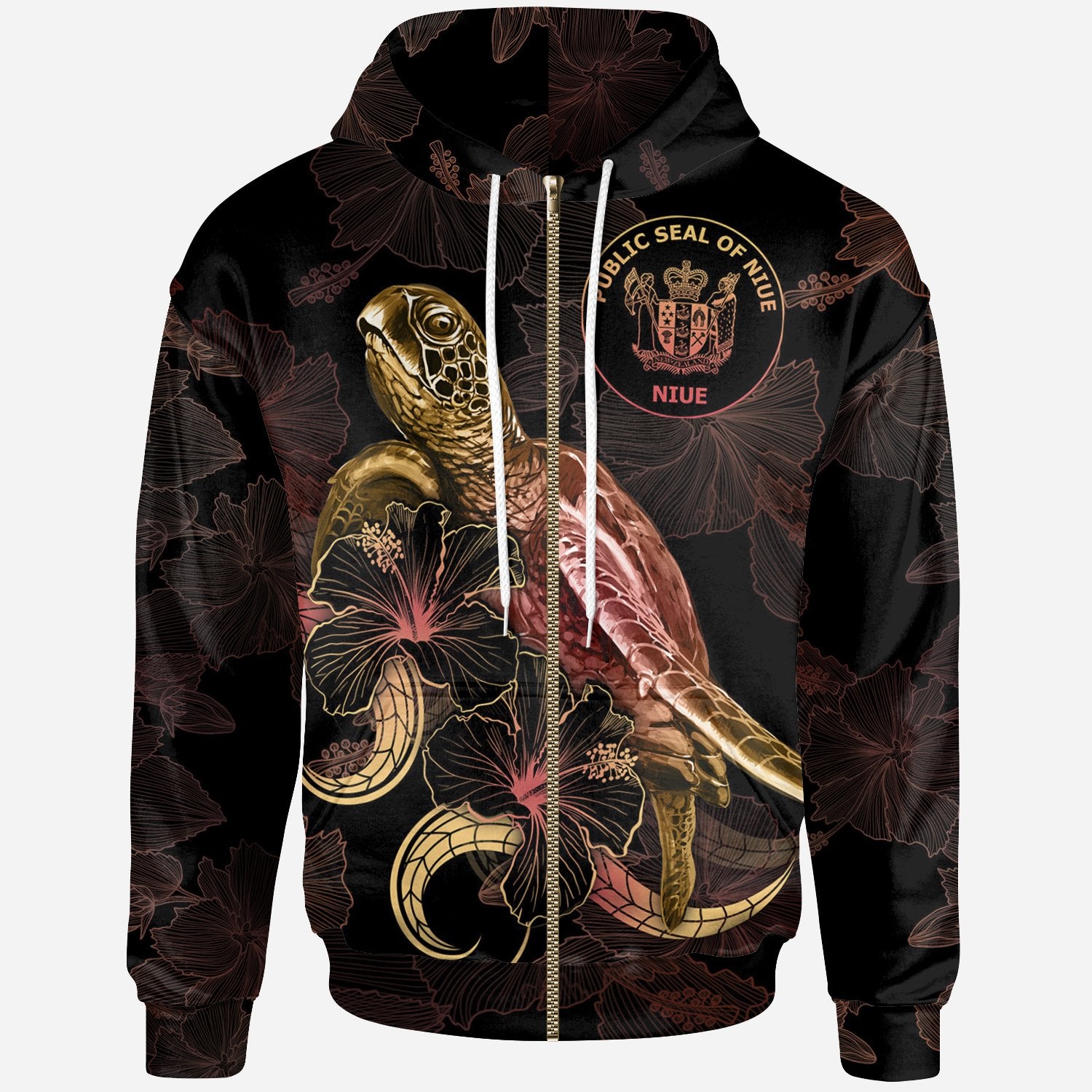 Niue Polynesian Zip up Hoodie Turtle With Blooming Hibiscus Gold Unisex Gold - Polynesian Pride