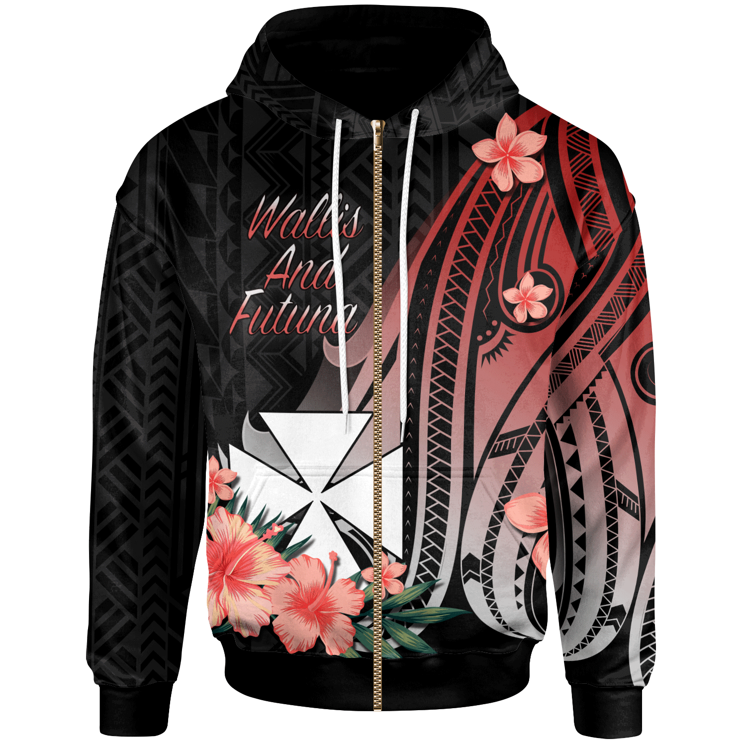 Wallis and Futuna Zip Hoodie Red Polynesian Hibiscus Pattern Style Unisex Red - Polynesian Pride