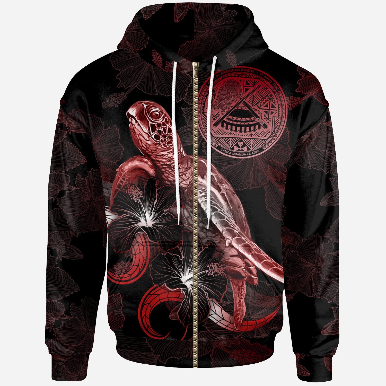 American Samoa Polynesian Zip up Hoodie Turtle With Blooming Hibiscus Red Unisex Red - Polynesian Pride