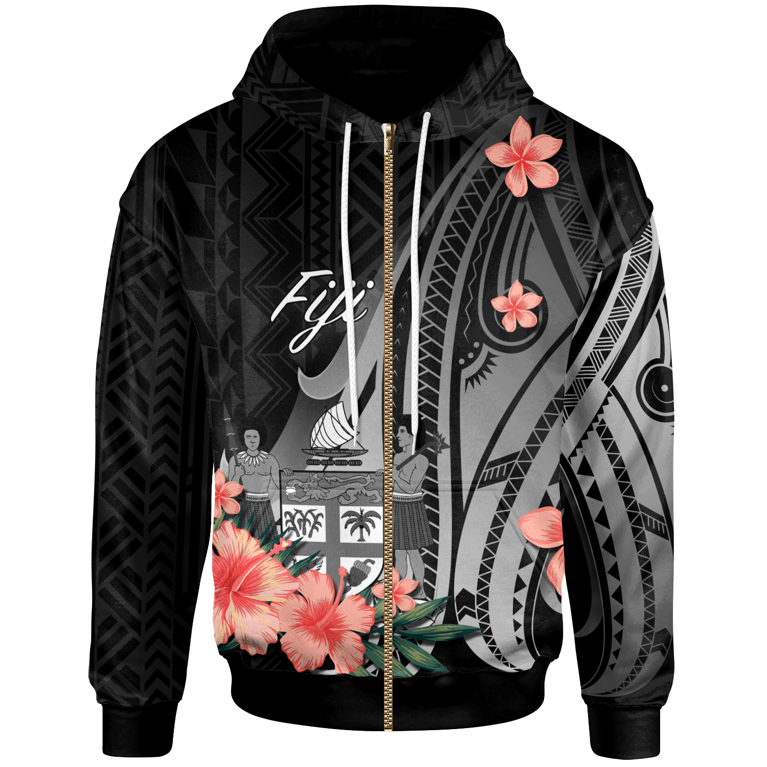 Fiji Zip Hoodie Polynesian Hibiscus Pattern Style Unisex Black - Polynesian Pride