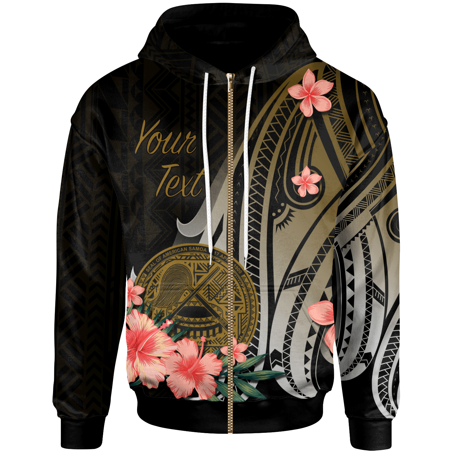 American Samoa Custom Zip Hoodie Gold Polynesian Hibiscus Pattern Style Unisex Gold - Polynesian Pride