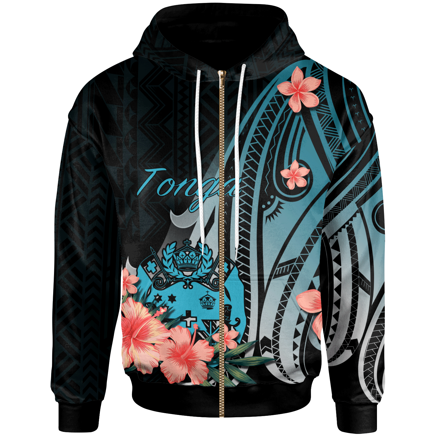 Tonga Zip Hoodie Turquoise Polynesian Hibiscus Pattern Style Unisex Turquoise - Polynesian Pride