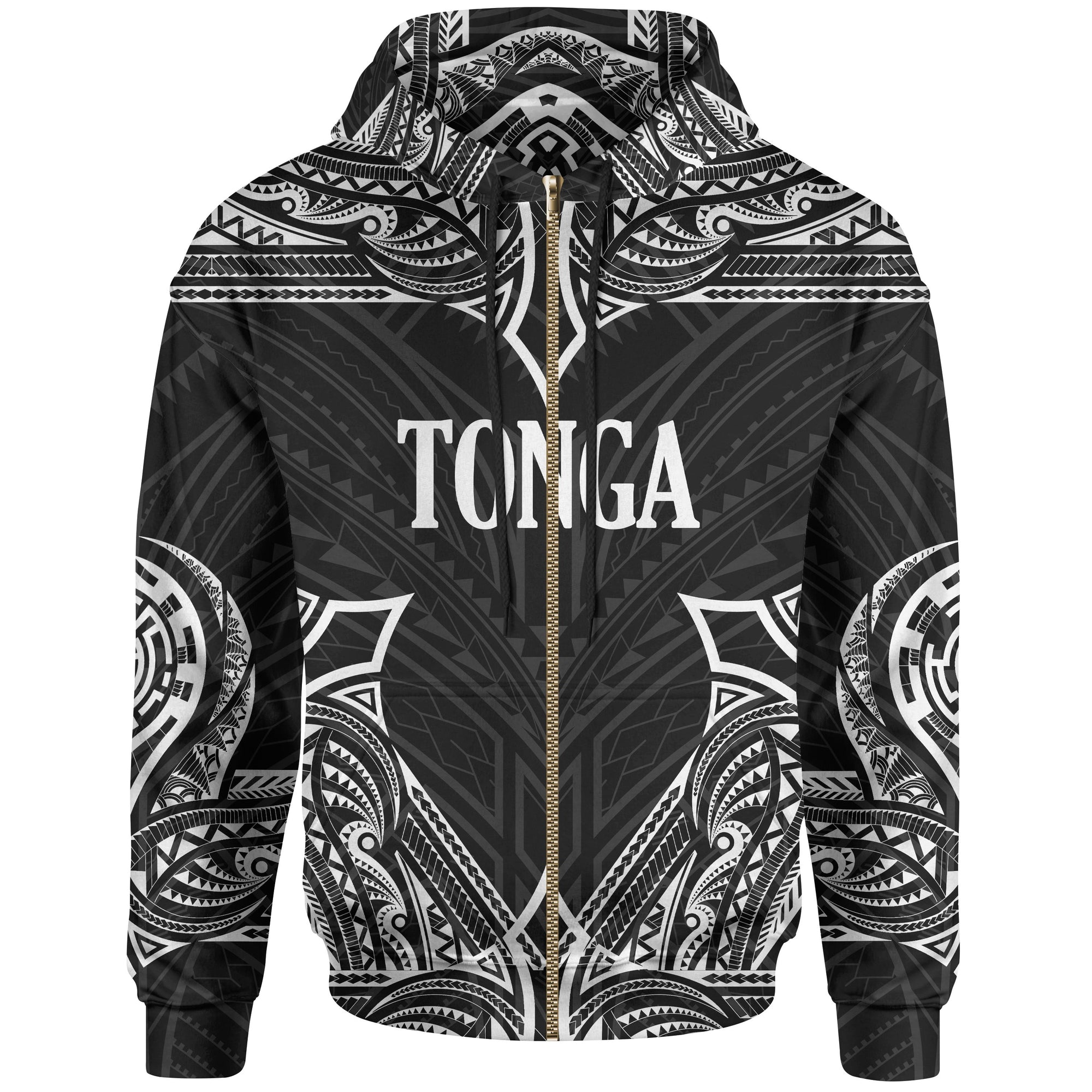 Tonga Zip up Hoodie Coat of Arms With Patterns White Color Unisex Black - Polynesian Pride