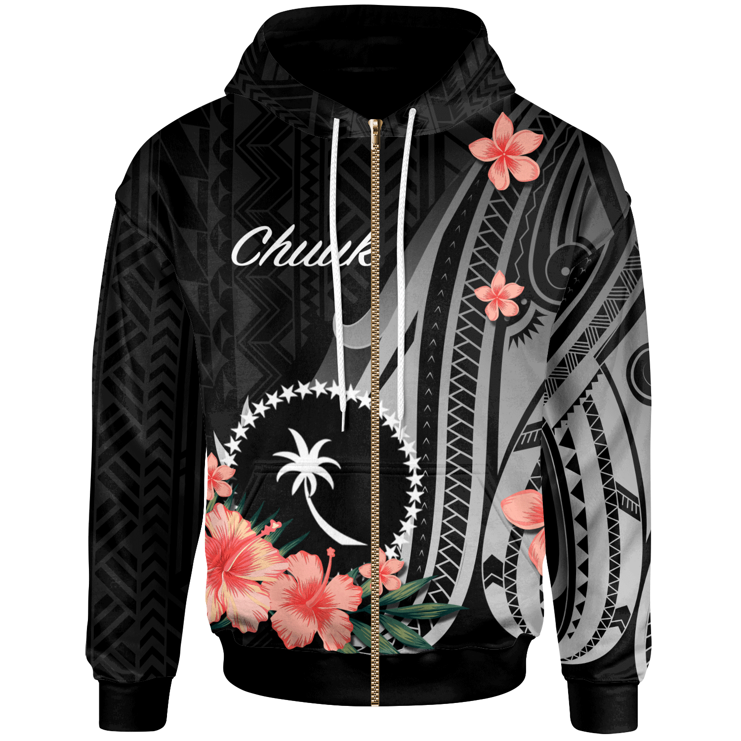 Chuuk Zip Hoodie Polynesian Hibiscus Pattern Style Unisex Black - Polynesian Pride