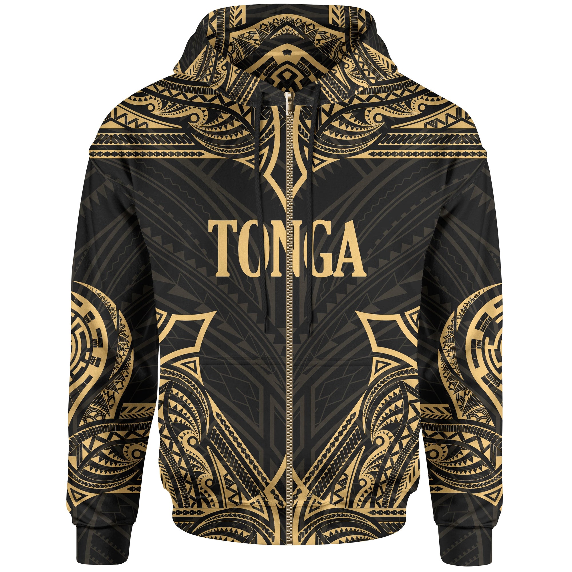 Tonga Zip up Hoodie Coat of Arms With Patterns Gold Color Unisex Black - Polynesian Pride