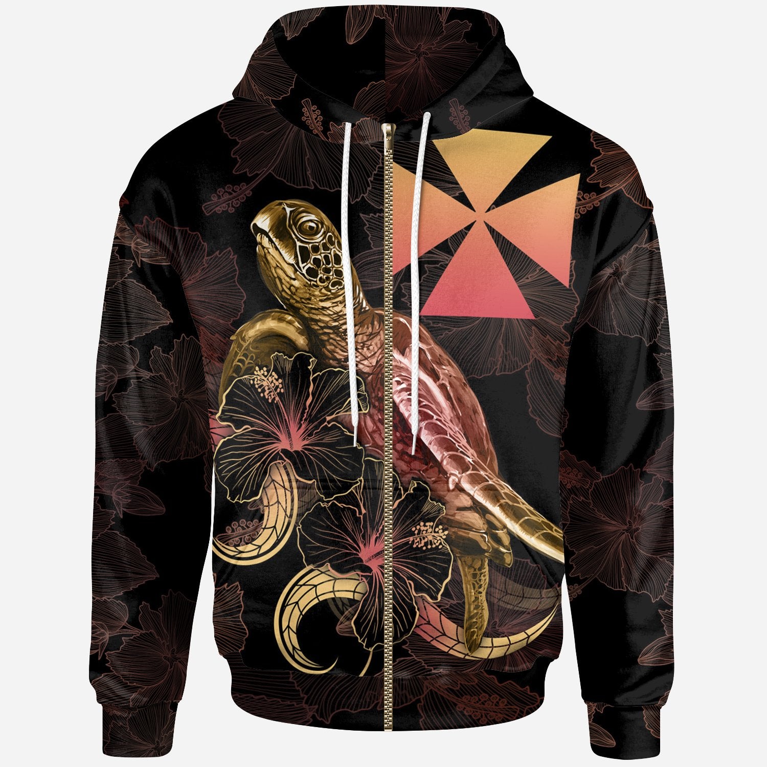 Wallis and Futuna Polynesian Zip up Hoodie Turtle With Blooming Hibiscus Gold Unisex Gold - Polynesian Pride