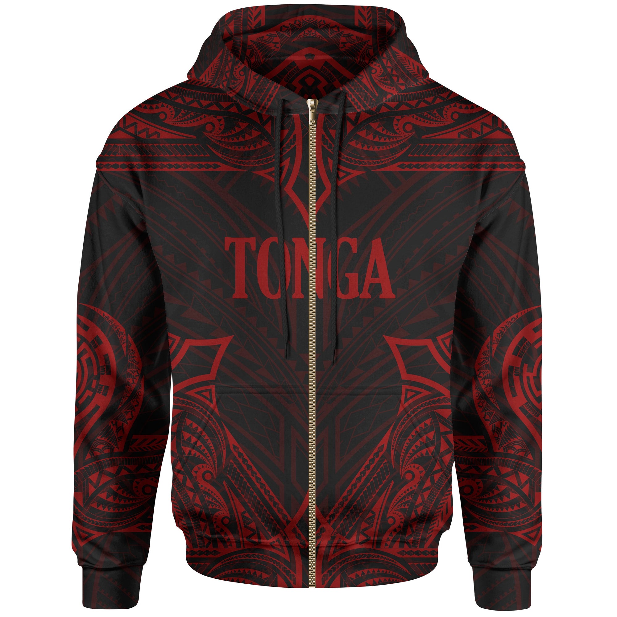 Tonga Zip up Hoodie Coat of Arms With Patterns Red Color Unisex Black - Polynesian Pride