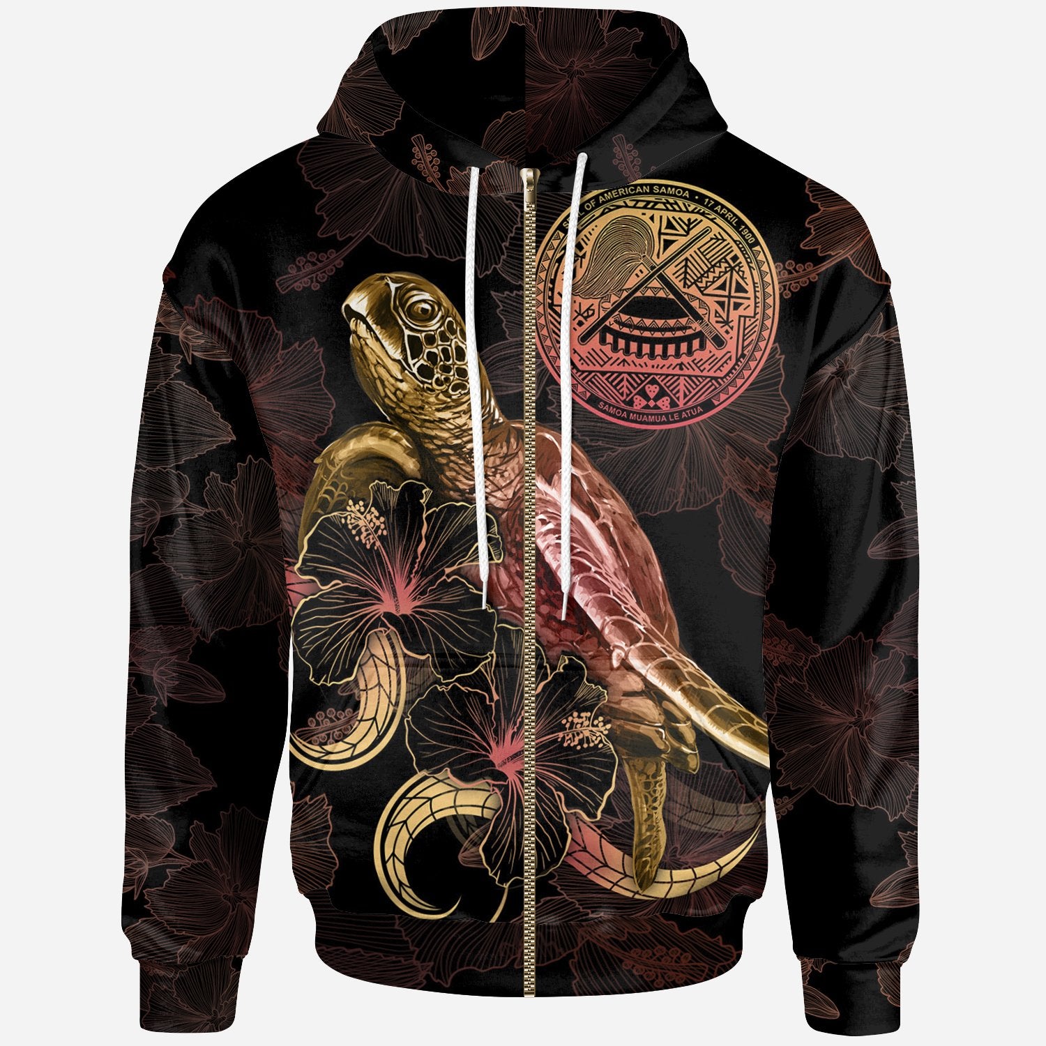 American Samoa Polynesian Zip up Hoodie Turtle With Blooming Hibiscus Gold Unisex Gold - Polynesian Pride