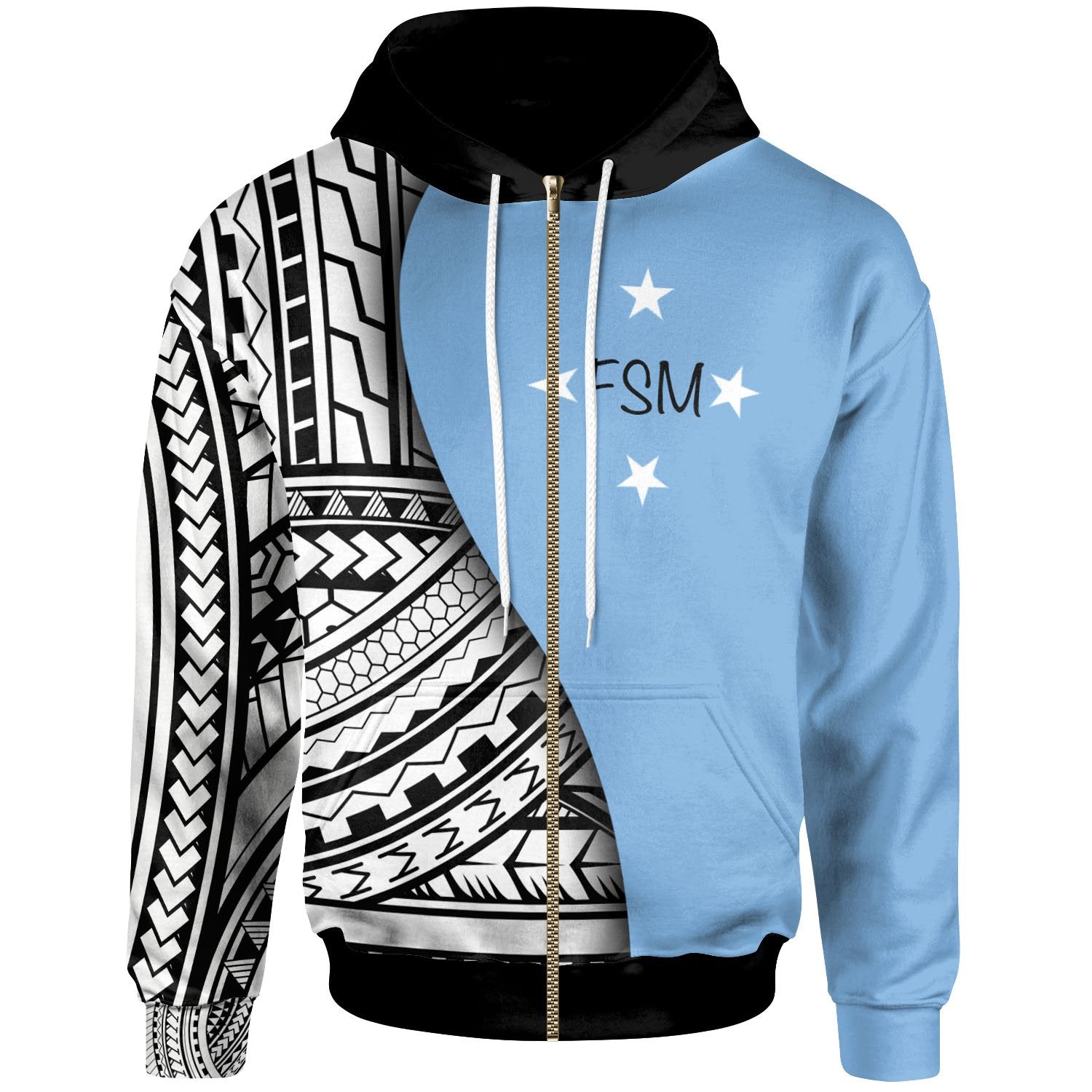 Federated States of Micronesia Zip up Hoodie Coat of Arm and Polynesian Patterns Unisex Blue - Polynesian Pride