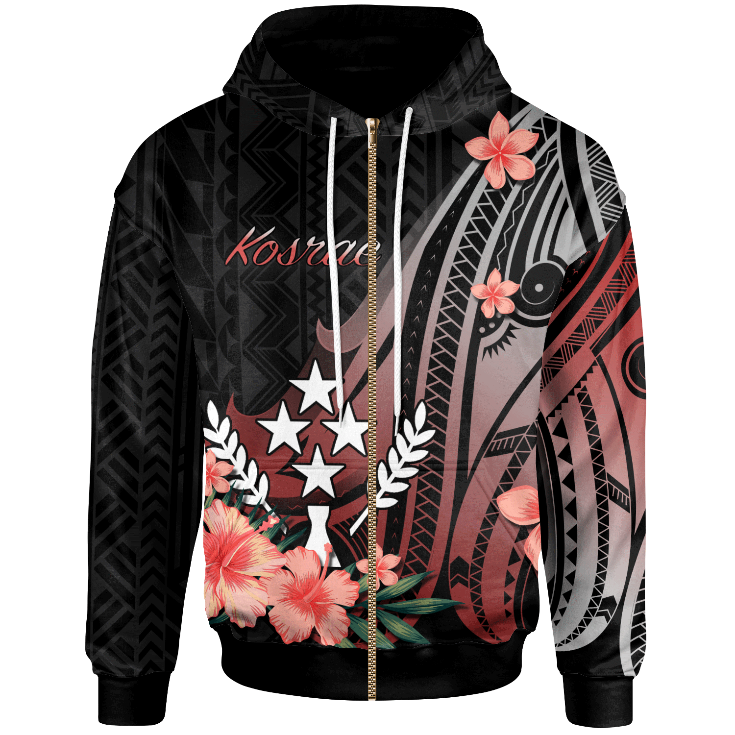 Kosrae Zip Hoodie Red Polynesian Hibiscus Pattern Style Unisex Red - Polynesian Pride