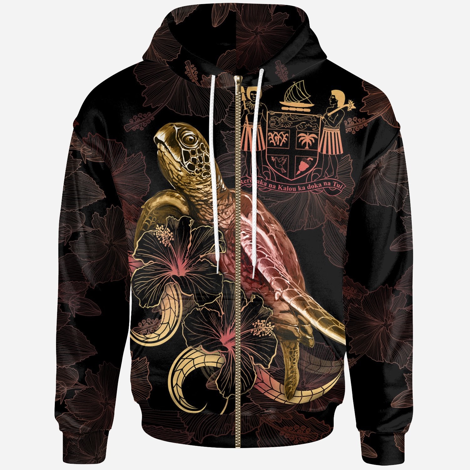 FiJi Polynesian Zip up Hoodie Turtle With Blooming Hibiscus Gold Unisex Gold - Polynesian Pride