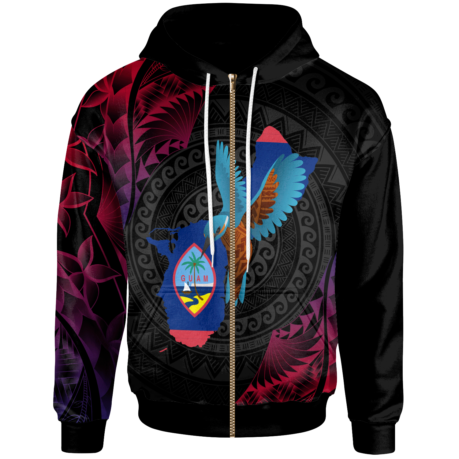 Guam Zip Hoodie KingFisher Bird With Map Unisex Black - Polynesian Pride