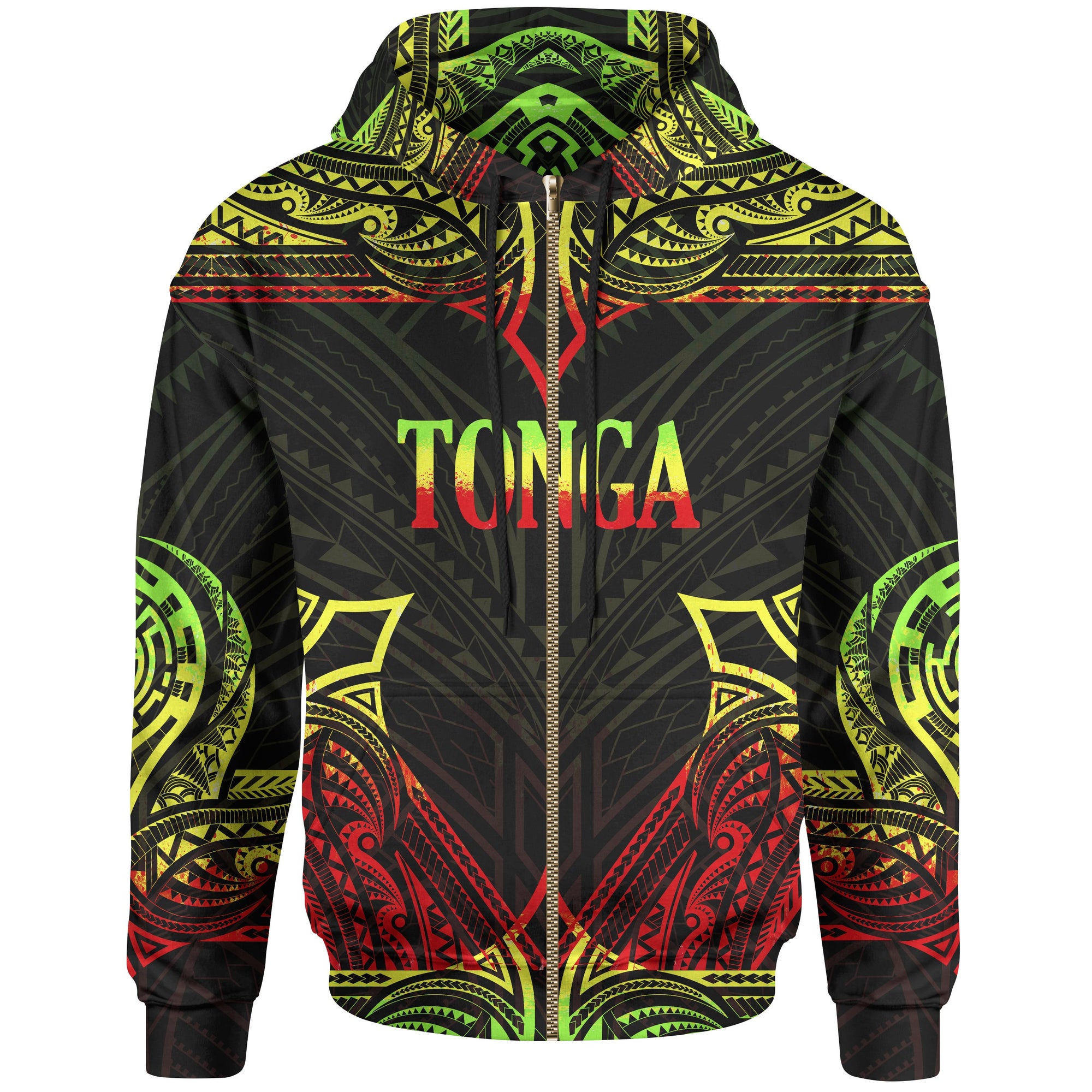 Tonga Zip up Hoodie Coat of Arms With Patterns Reggae Color Unisex Black - Polynesian Pride