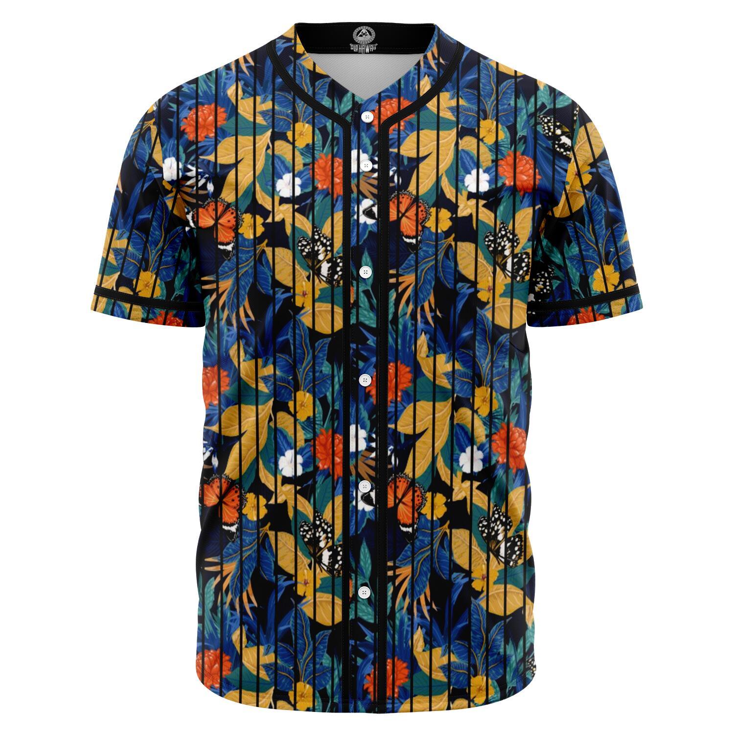 Tropical Buttterfly And Flower Baseball Jersey Black - Polynesian Pride