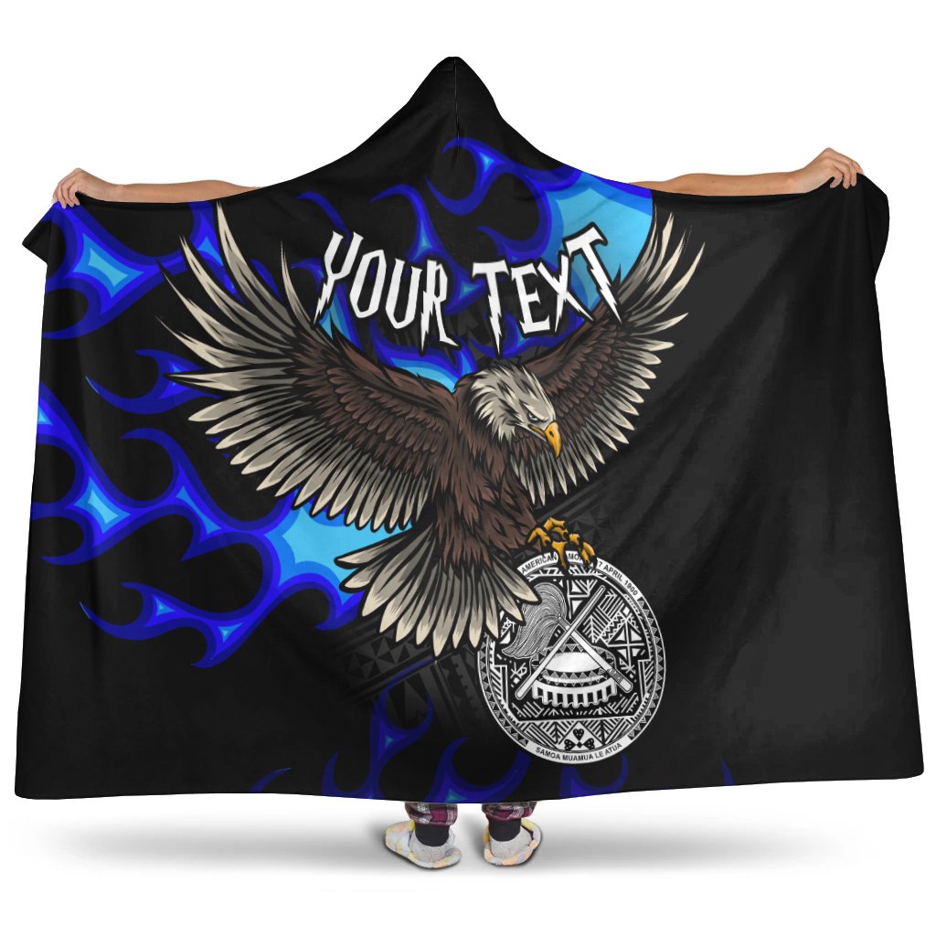 American Samoa Polynesian Custom Personalised Hooded Blanket - Eagle With Flame Blue Hooded Blanket Blue - Polynesian Pride