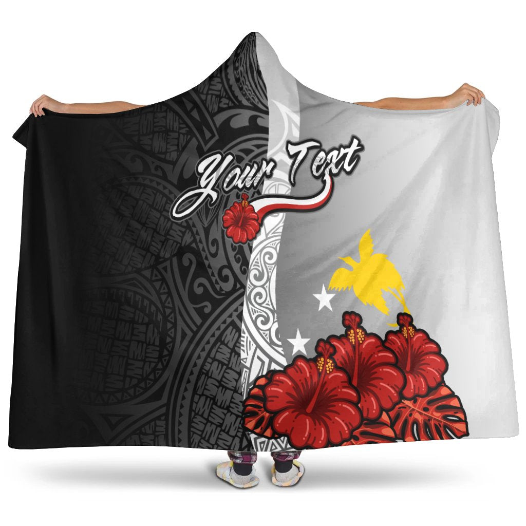 Papua New Guinea Polynesian Custom Personalised Hooded Blanket - Coat Of Arm With Hibiscus White Hooded Blanket White - Polynesian Pride