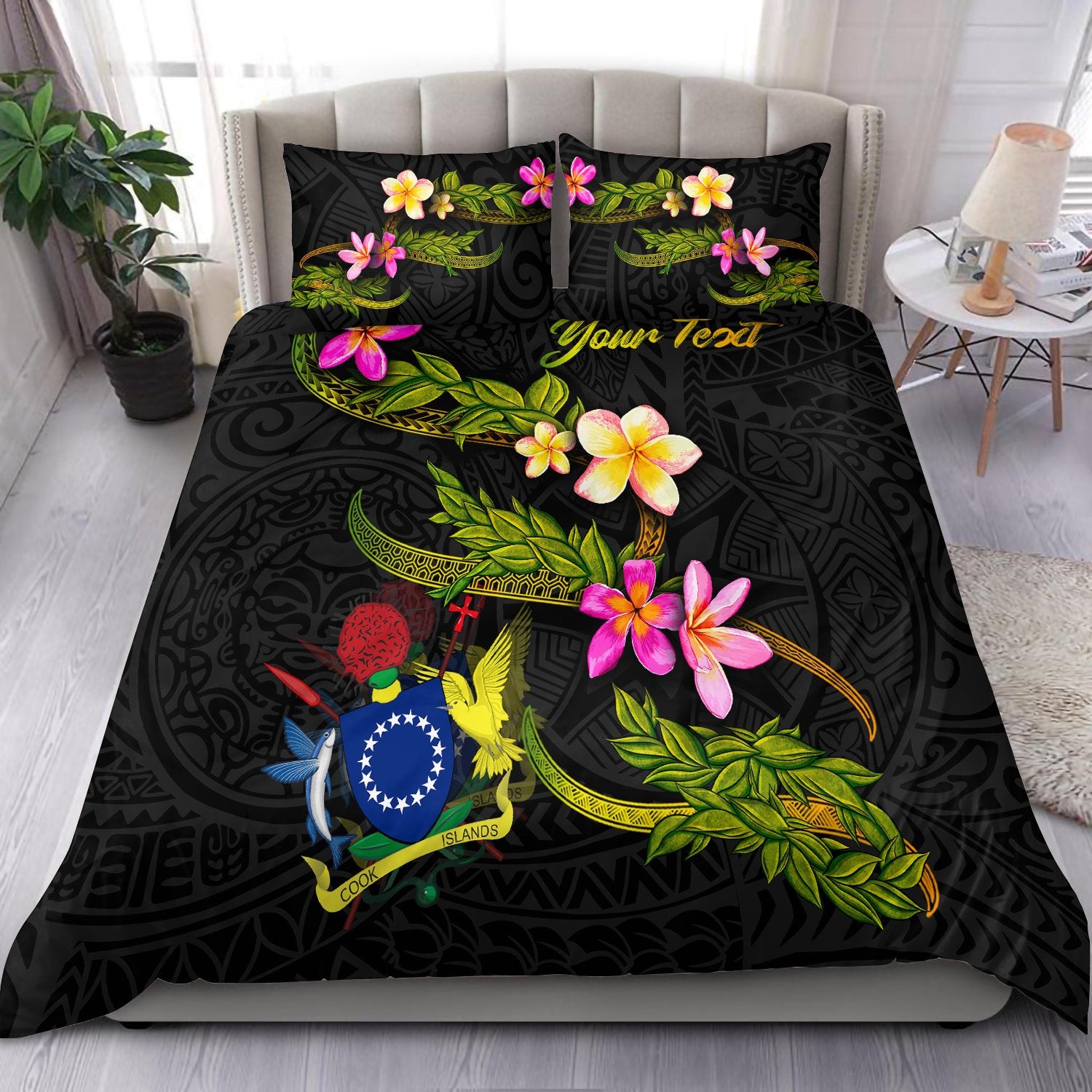 Cook Islands Polynesian Custom Personalised Bedding Set - Plumeria Tribal Black - Polynesian Pride