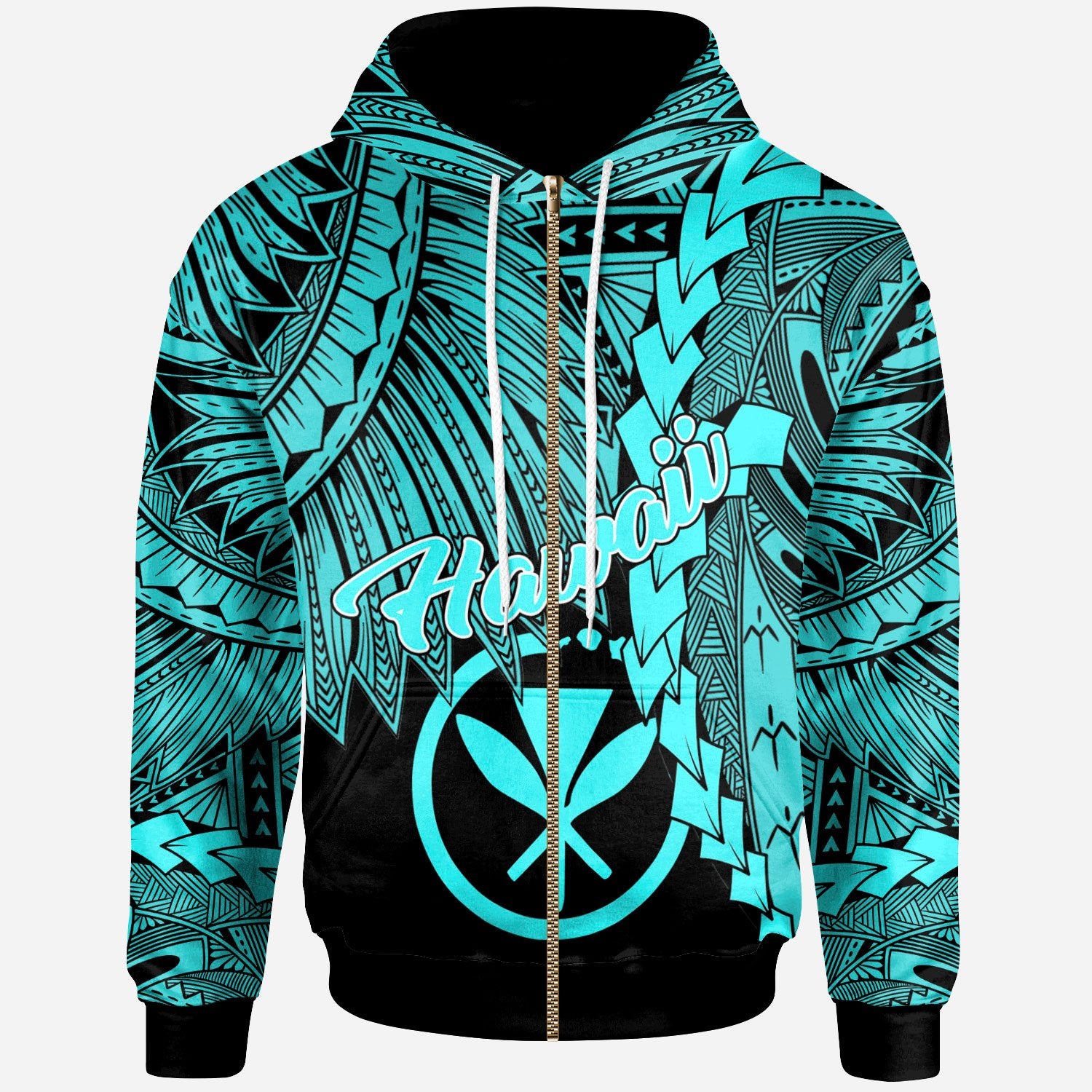 Polynesian Hawaii Zip up Hoodie Tribal Wave Tattoo Neon Blue Unisex Blue - Polynesian Pride