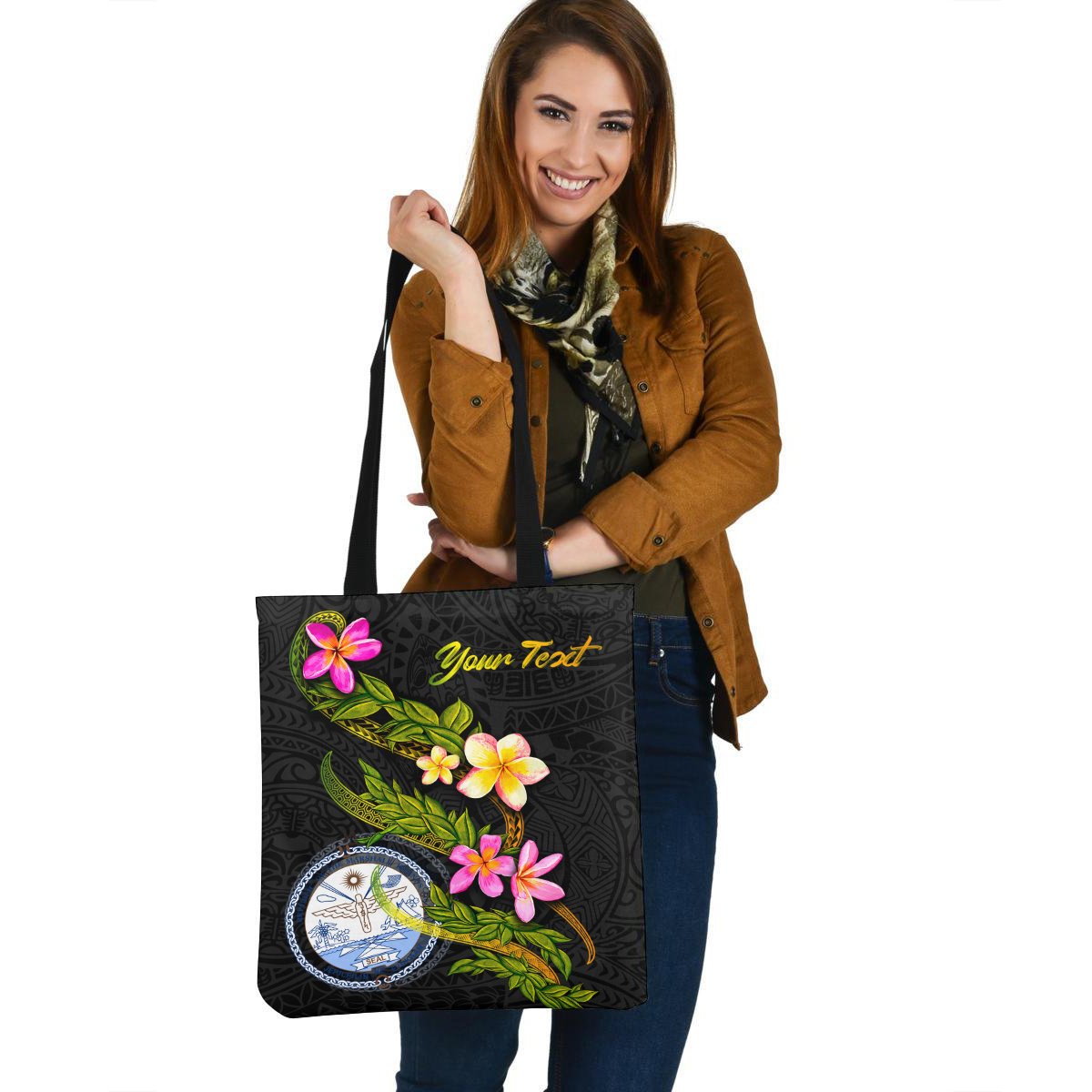 Marshall Islands Polynesian Custom Personalised Tote Bag - Plumeria Tribal Tote Bag One Size Black - Polynesian Pride