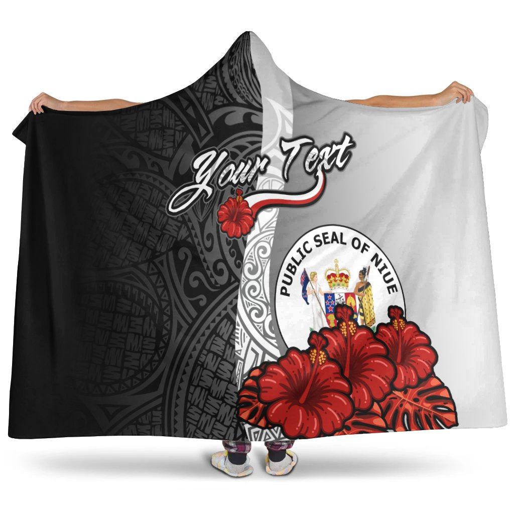 Niue Polynesian Custom Personalised Hooded Blanket - Coat Of Arm With Hibiscus White Hooded Blanket White - Polynesian Pride