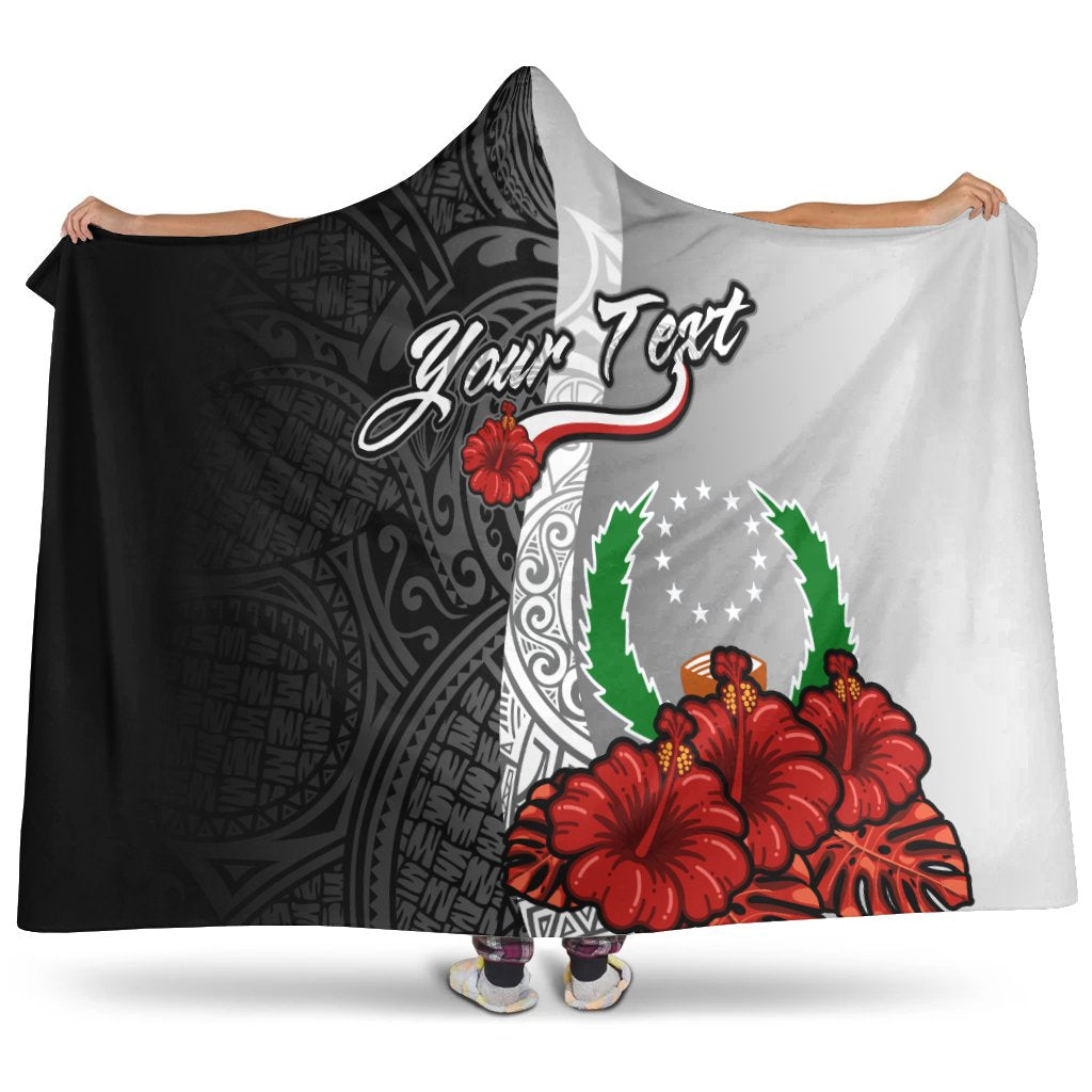 Pohnpei Polynesian Custom Personalised Hooded Blanket - Coat Of Arm With Hibiscus White Hooded Blanket White - Polynesian Pride