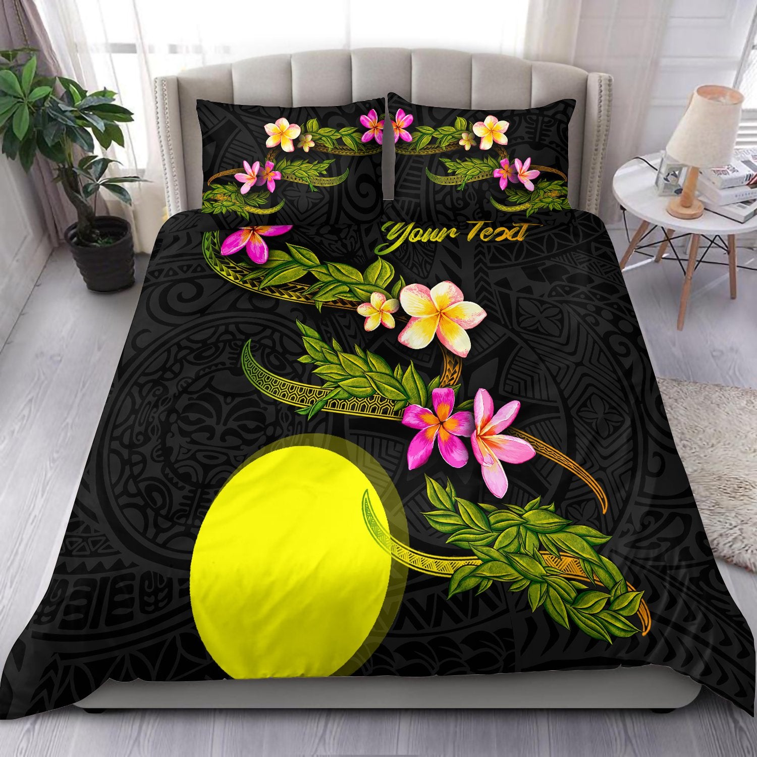 Palau Polynesian Custom Personalised Bedding Set - Plumeria Tribal Black - Polynesian Pride