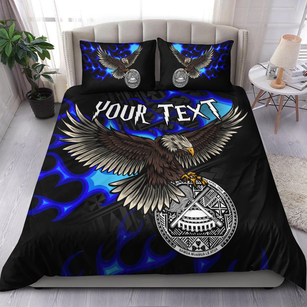 American Samoa Polynesian Custom Personalised Bedding Set - Eagle With Flame Blue Blue - Polynesian Pride