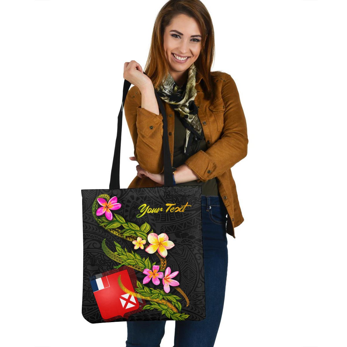 Wallis and Futuna Polynesian Custom Personalised Tote Bag - Plumeria Tribal Tote Bag One Size Black - Polynesian Pride