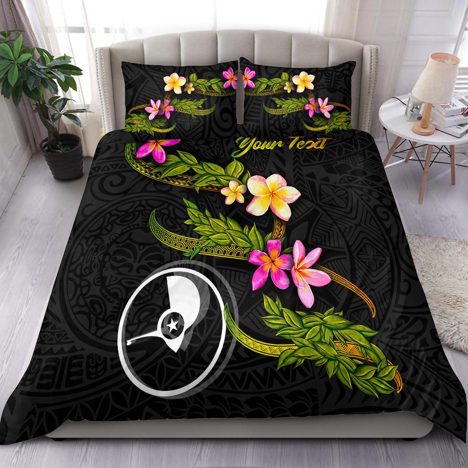 Yap Polynesian Custom Personalised Bedding Set - Plumeria Tribal Black - Polynesian Pride