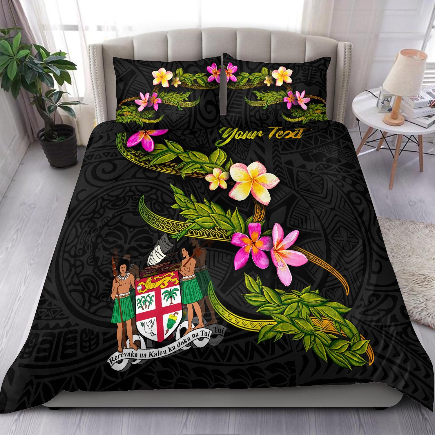 Fiji Polynesian Custom Personalised Bedding Set - Plumeria Tribal Black - Polynesian Pride