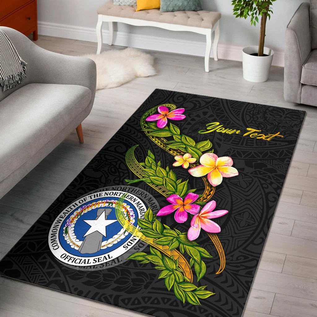 Nothern Mariana Islands Polynesian Custom Personalised Area Rug - Plumeria Tribal Black - Polynesian Pride