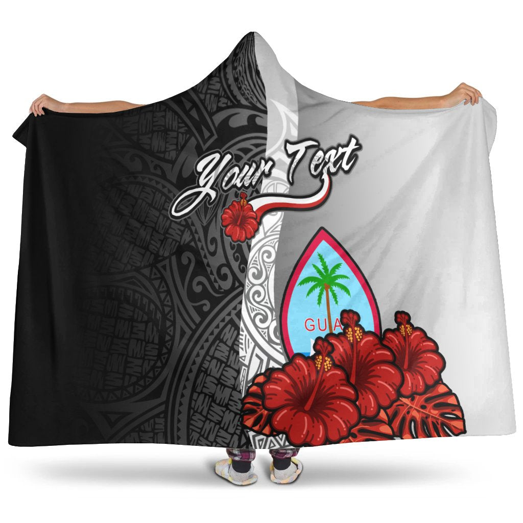 Guam Polynesian Custom Personalised Hooded Blanket - Coat Of Arm With Hibiscus White Hooded Blanket White - Polynesian Pride