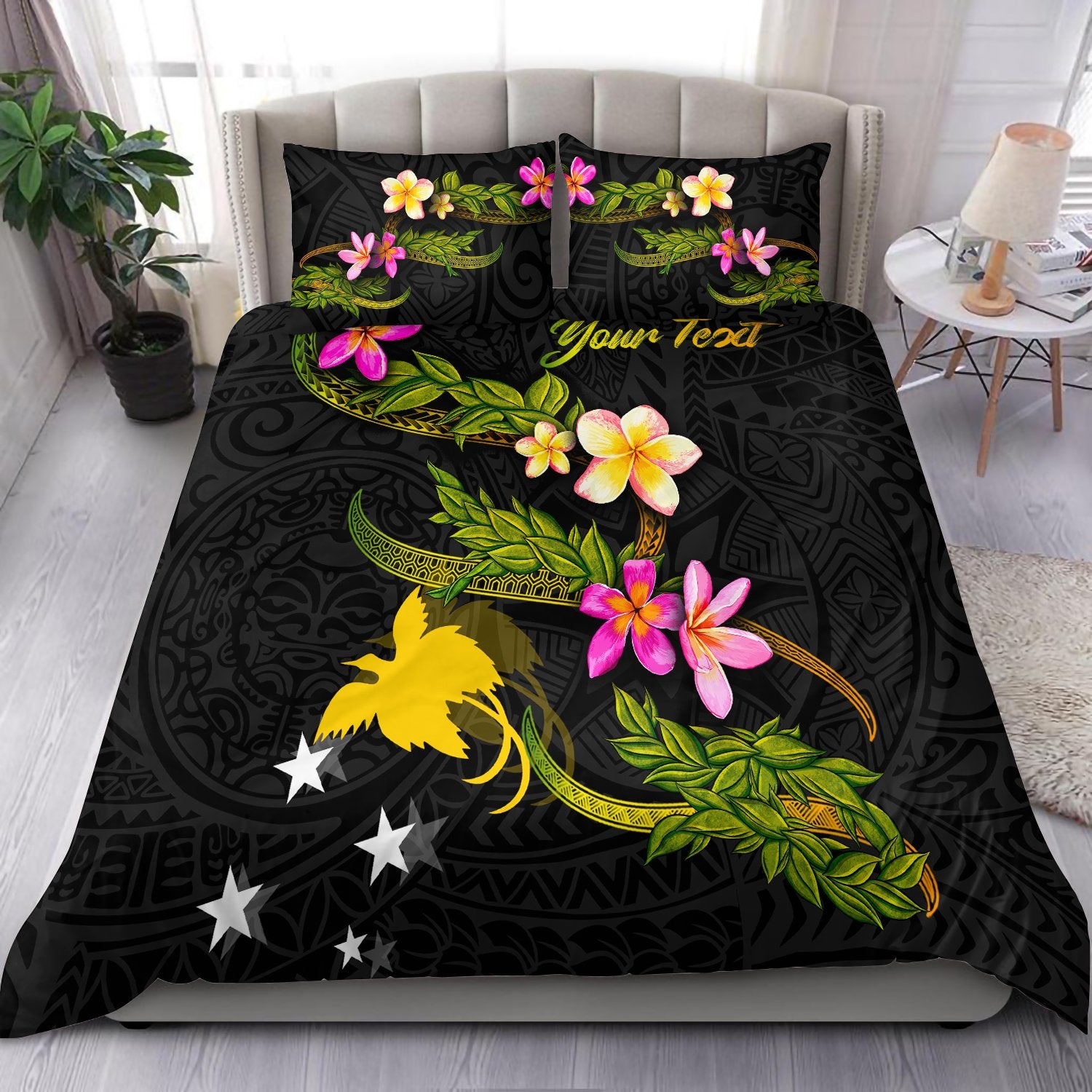 Papua New Guinea Polynesian Custom Personalised Bedding Set - Plumeria Tribal Black - Polynesian Pride