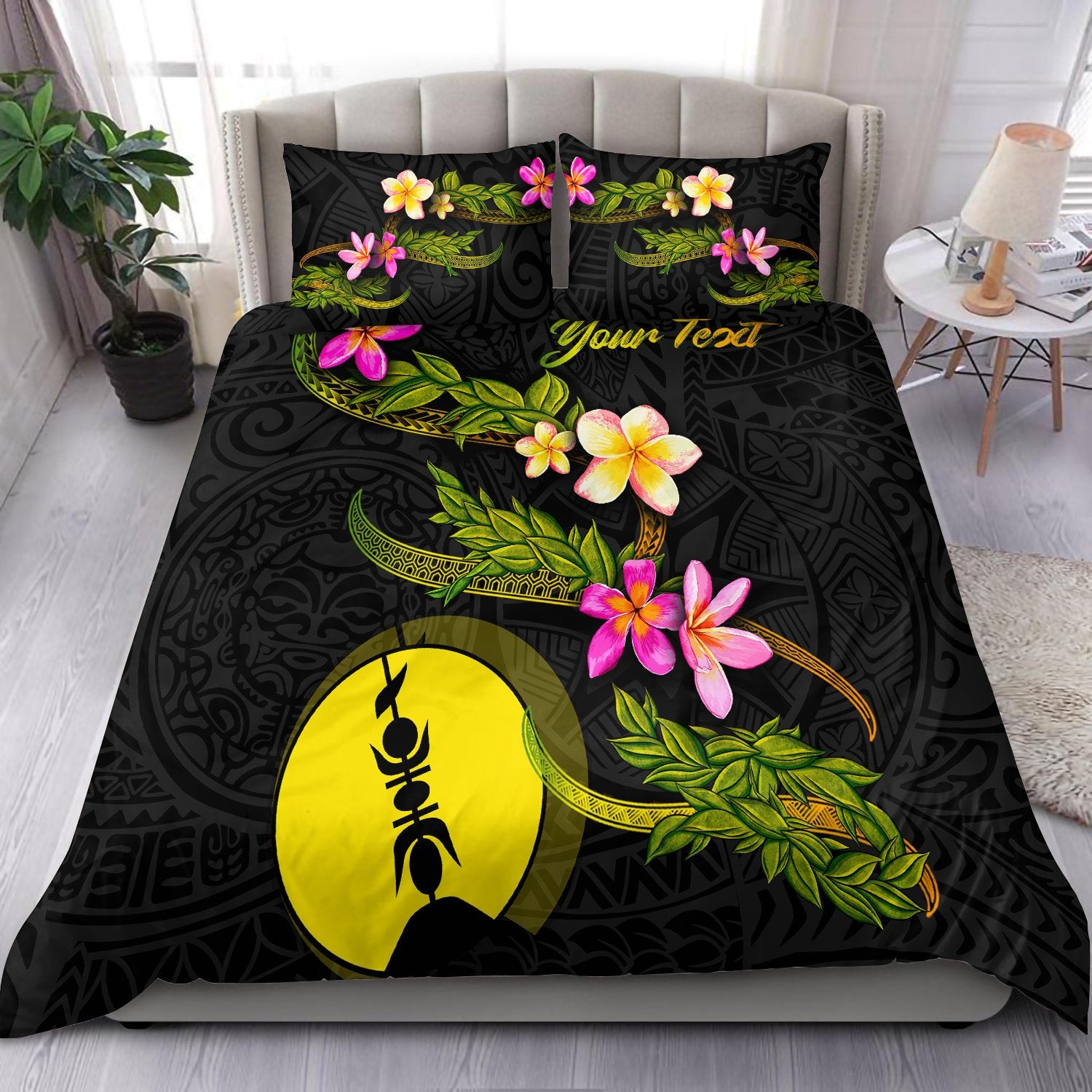 New Caledonia Polynesian Custom Personalised Bedding Set - Plumeria Tribal Black - Polynesian Pride