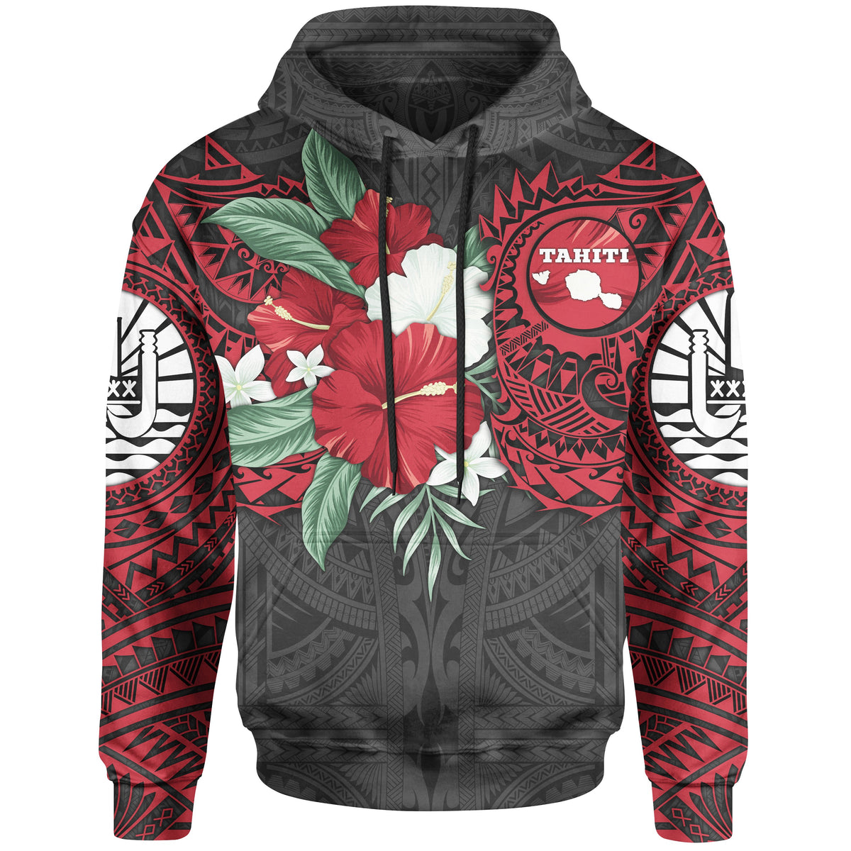 Tahiti Polynesian Hoodie Hibiscus nd Sea Turtle (Red) Unisex Red - Polynesian Pride